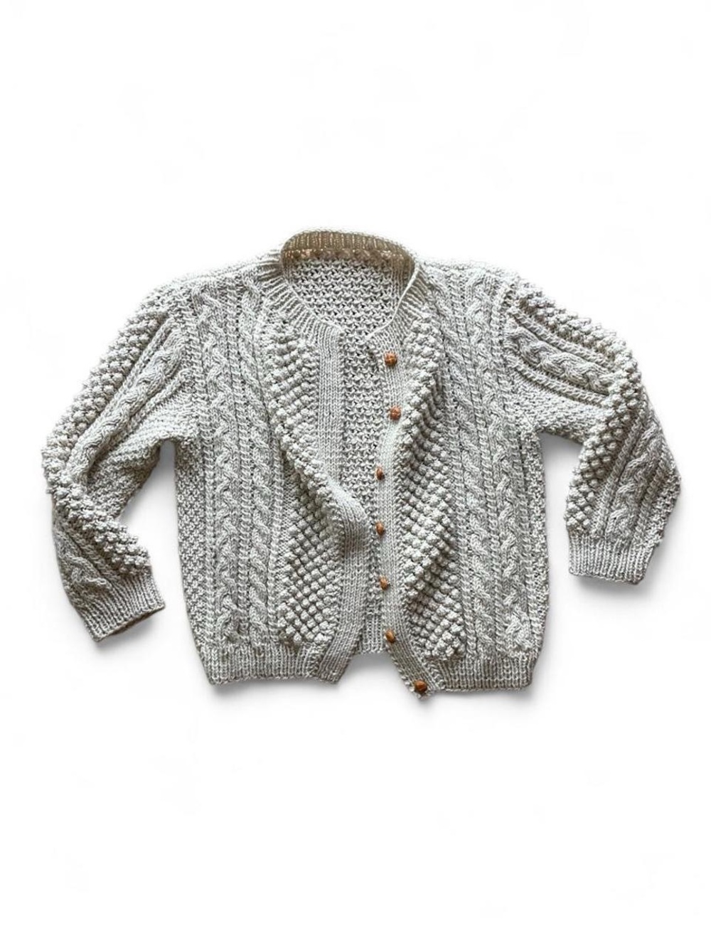 Hand-Knit Cream Textured Cable-Knit Button Cardigan